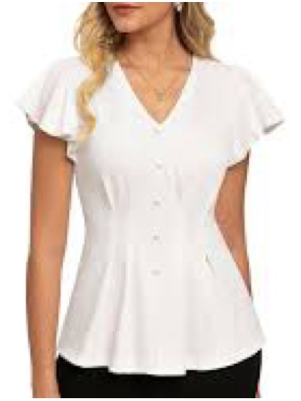 Grace Karin White Peplum Button V‑Neck Flutter Sleeve Blouse